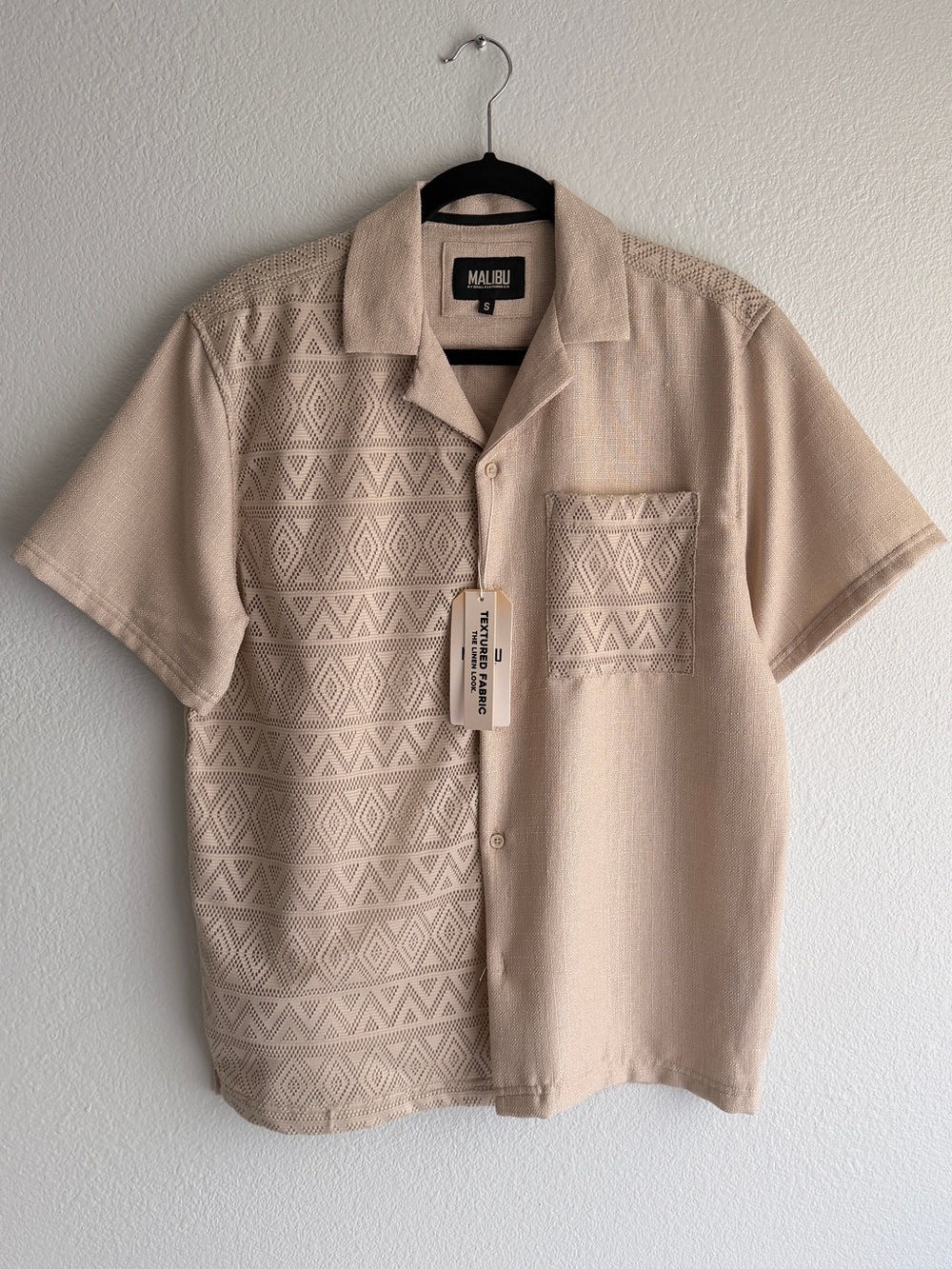 Malibu Beige Short Sleeve Button-Up Knit Shirt with Geometric Texture